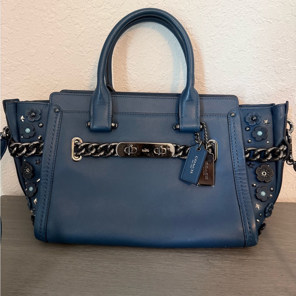 Coach Swagger Floral Satchel – Blue w/Gunmetal Chain